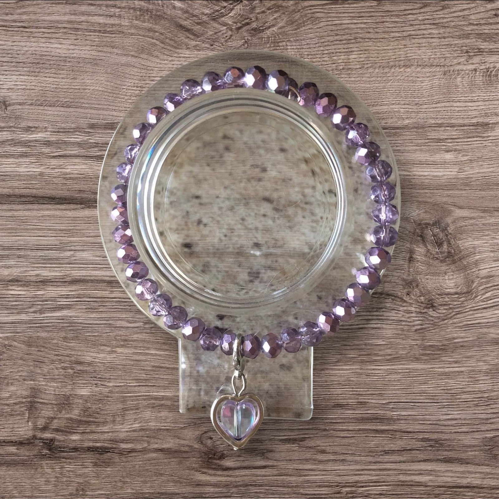 Light Purple Beaded Bracelet With Heart Charm Handmade 0130