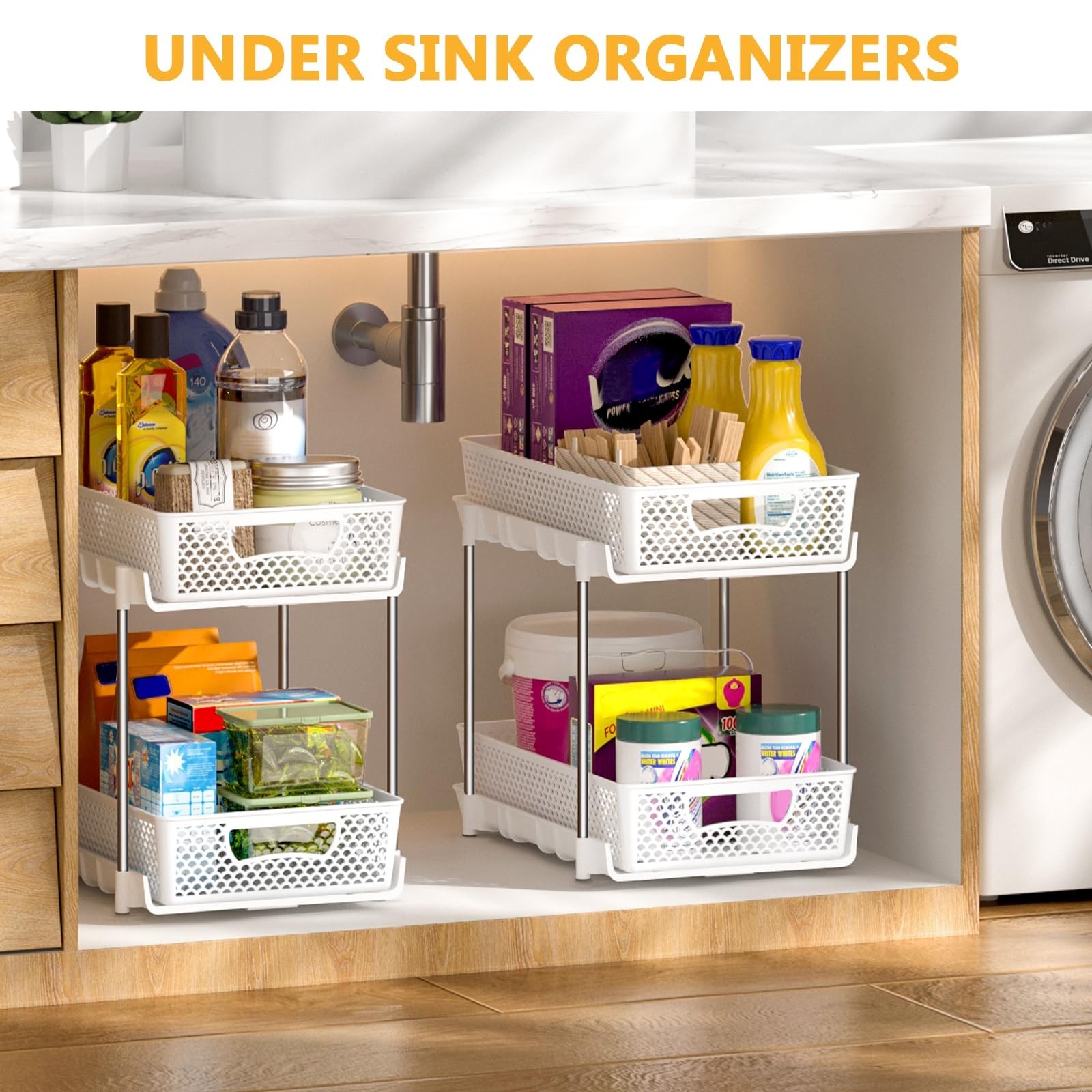 DABIGE 2 Pack Pull Out Bathroom Organizer 2 Tier Stackable Under Sink White