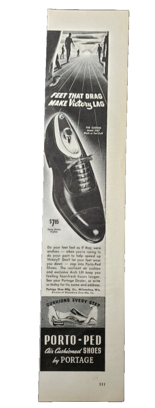 1943 Men's Portage Porto-Ped Air Cushioned Shoes WWII Print Ad