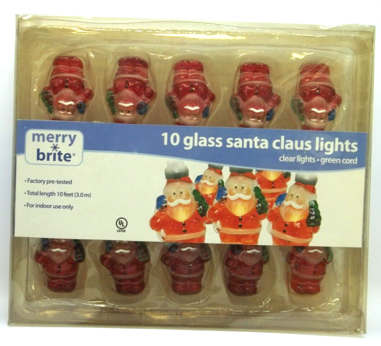 MERRY BRITE 10 GLASS SANTA CLAUS LIGHTS NIB GREEN CORD 10' INDOOR USE ONLY...