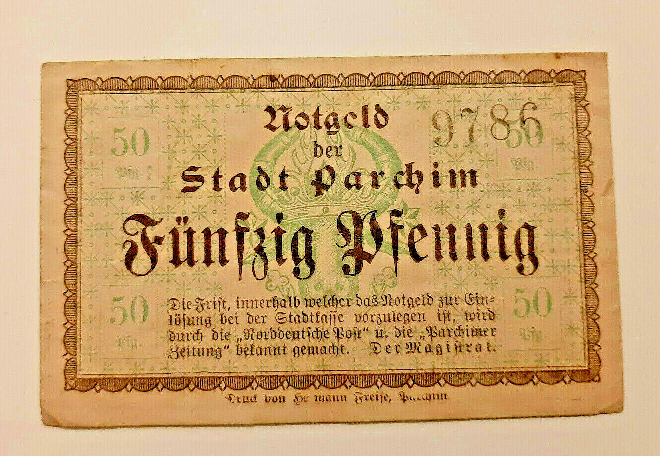 PARCHIM NOTGELD 50 PFENNIG 1920 EMERGENCY MONEY GERMANY BANKNOTE (11178)