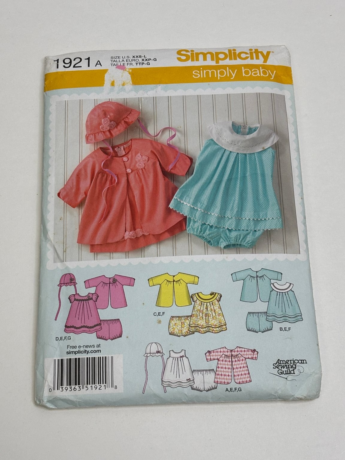 Simplicity 1921 Baby Dress Panties Coat Hat Sewing Pattern US XXS-L