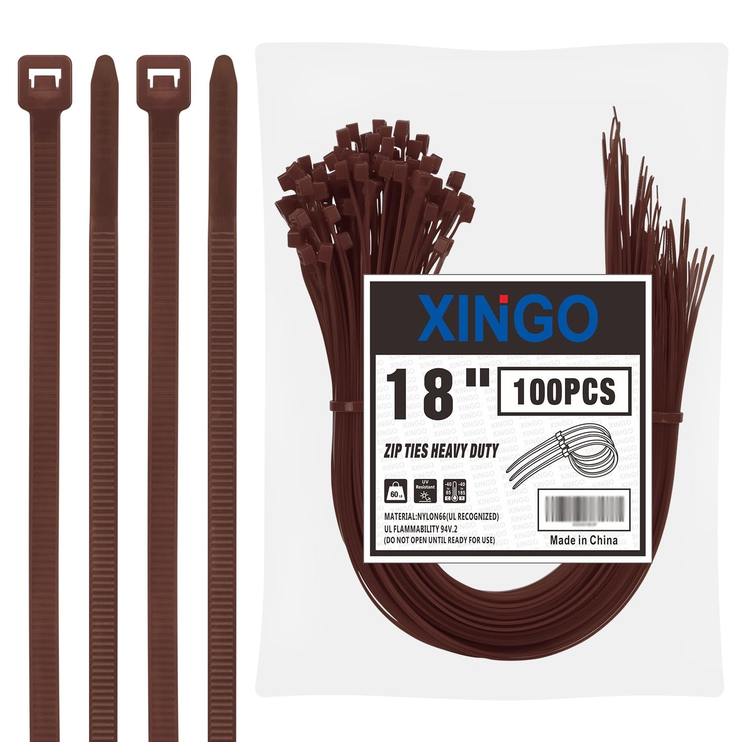 XINGO 18 inch Brown Zip Ties Heavy Duty 100 Pack, Black, 60lb Tensile Strengt...