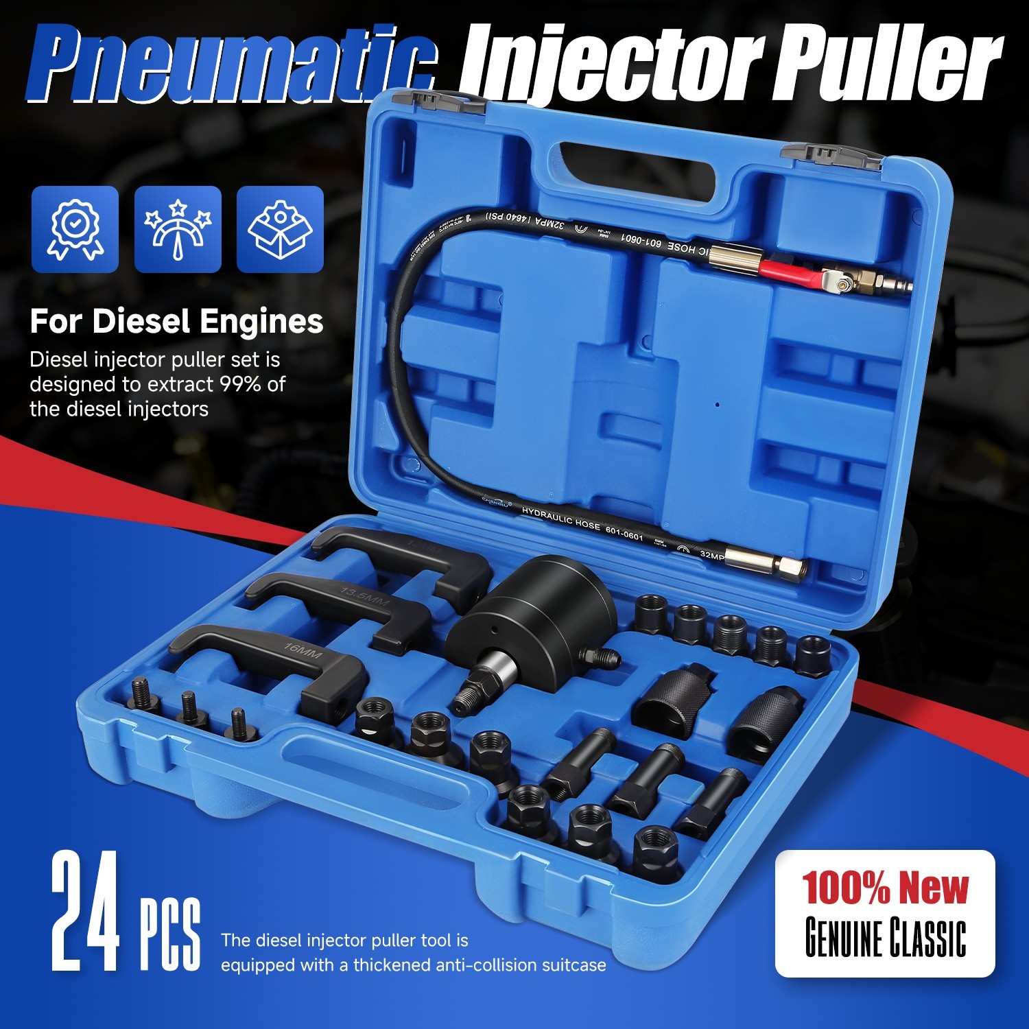 Diesel Injector Removal Puller Pneumatic Injector Extractor Puller Kit 24Pcs
