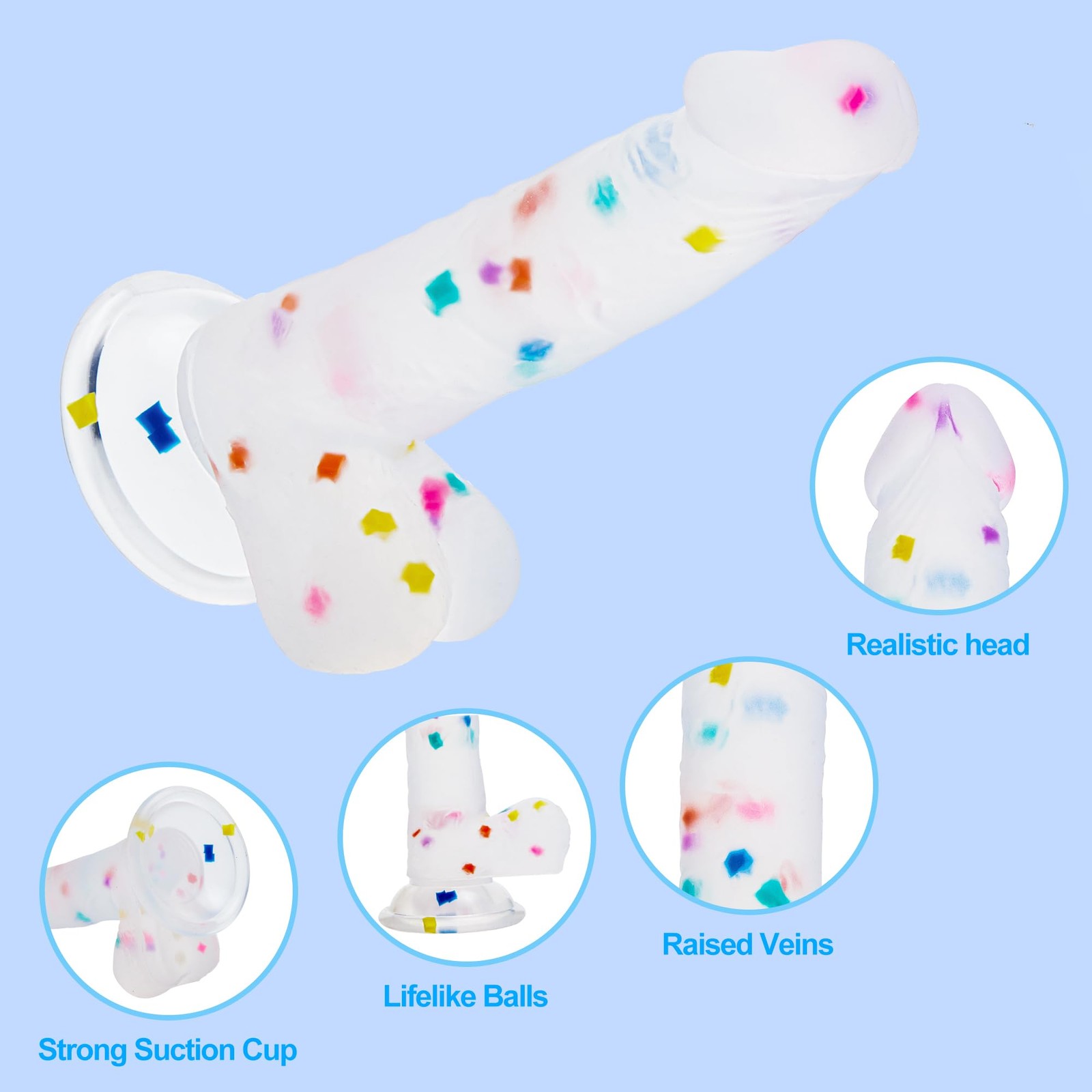 6.5 Inch Confetti Clear Silicone Dildo with Flared Suction Cup Base for Hands...