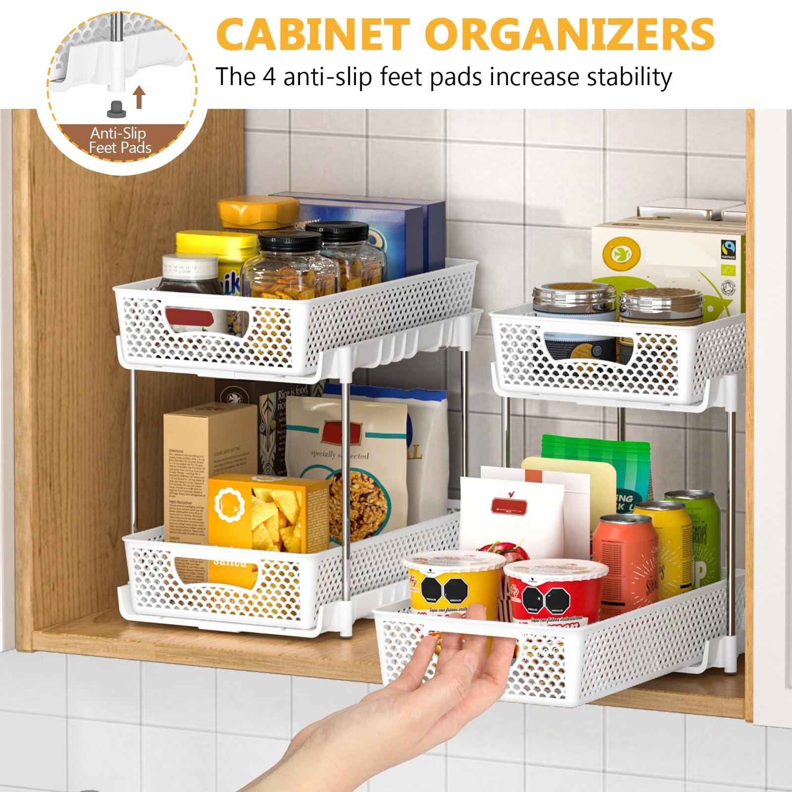 DABIGE 2 Pack Pull Out Bathroom Organizer 2 Tier Stackable Under Sink White