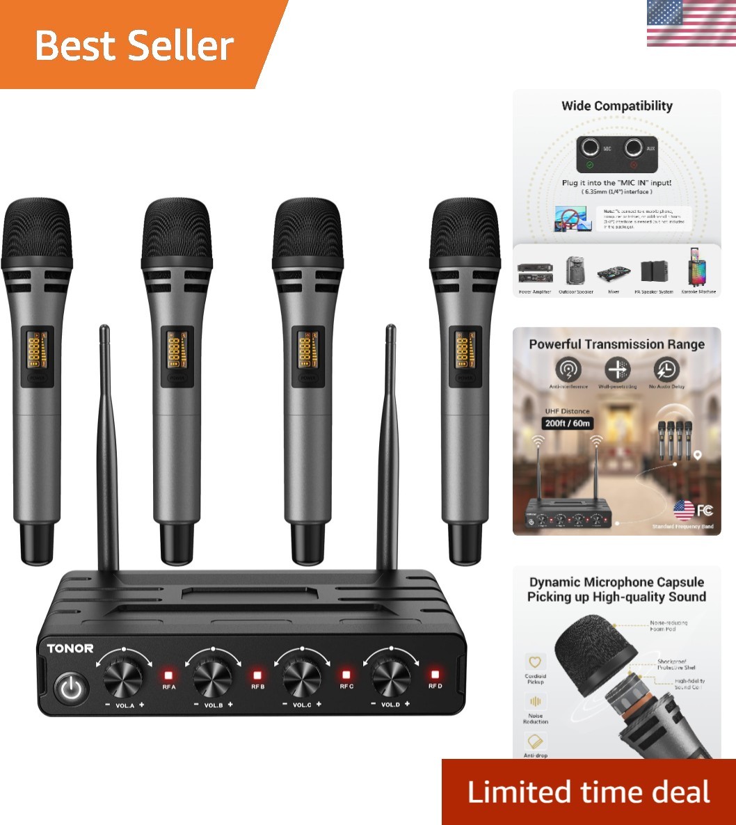 Wireless Microphone System - 4 Handheld Mics, 200ft Range for Karaoke Events