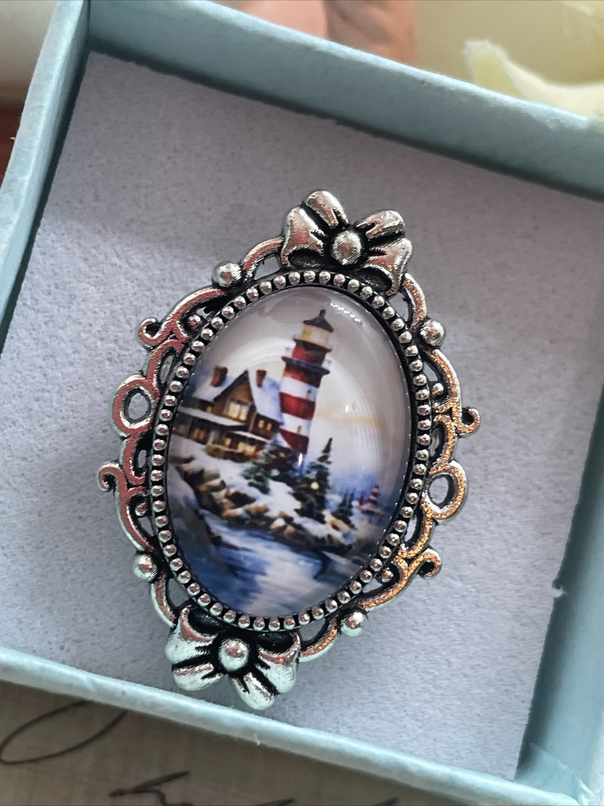 Silver Lighthouse Nautical Beach Sailor Navy Ocean Cottage Gift Ring Adjustable