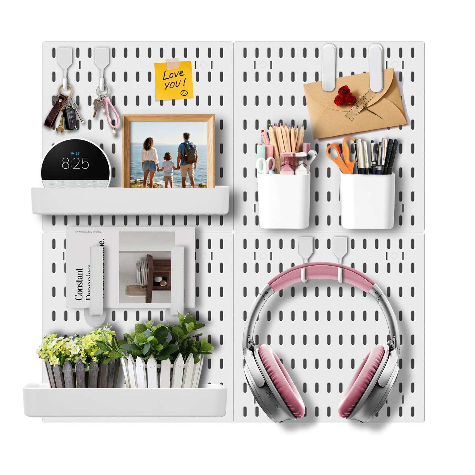 4 PCS Plastic Wall Organizer Pegboard Panel 23.6 Inch 18 Accessories White