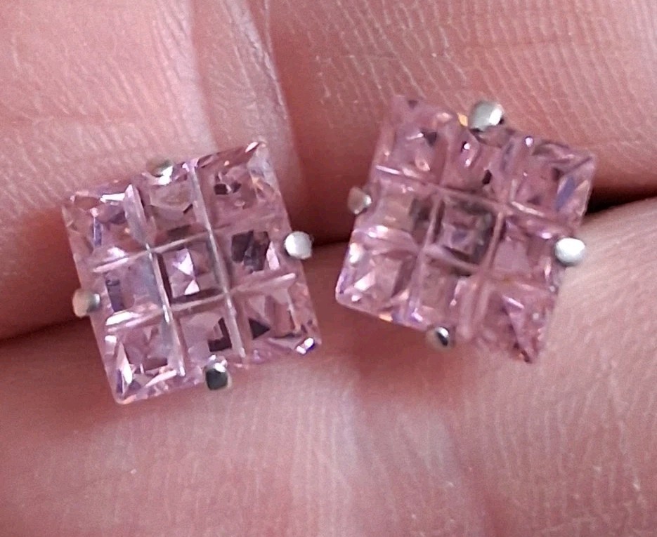 Sterling silver invisible cut pink stone grid pattern stud earrings, prong set