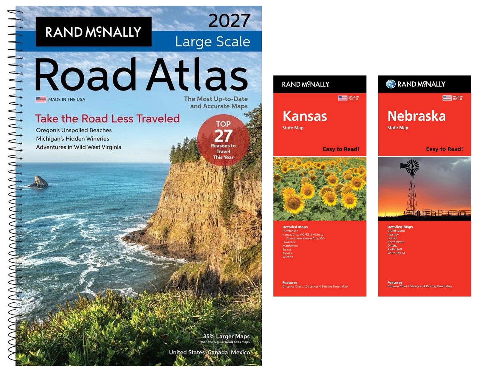 Rand McNally 2027 Large Scale Road Atlas + Easy-to-Read Kansas & Nebraska Maps