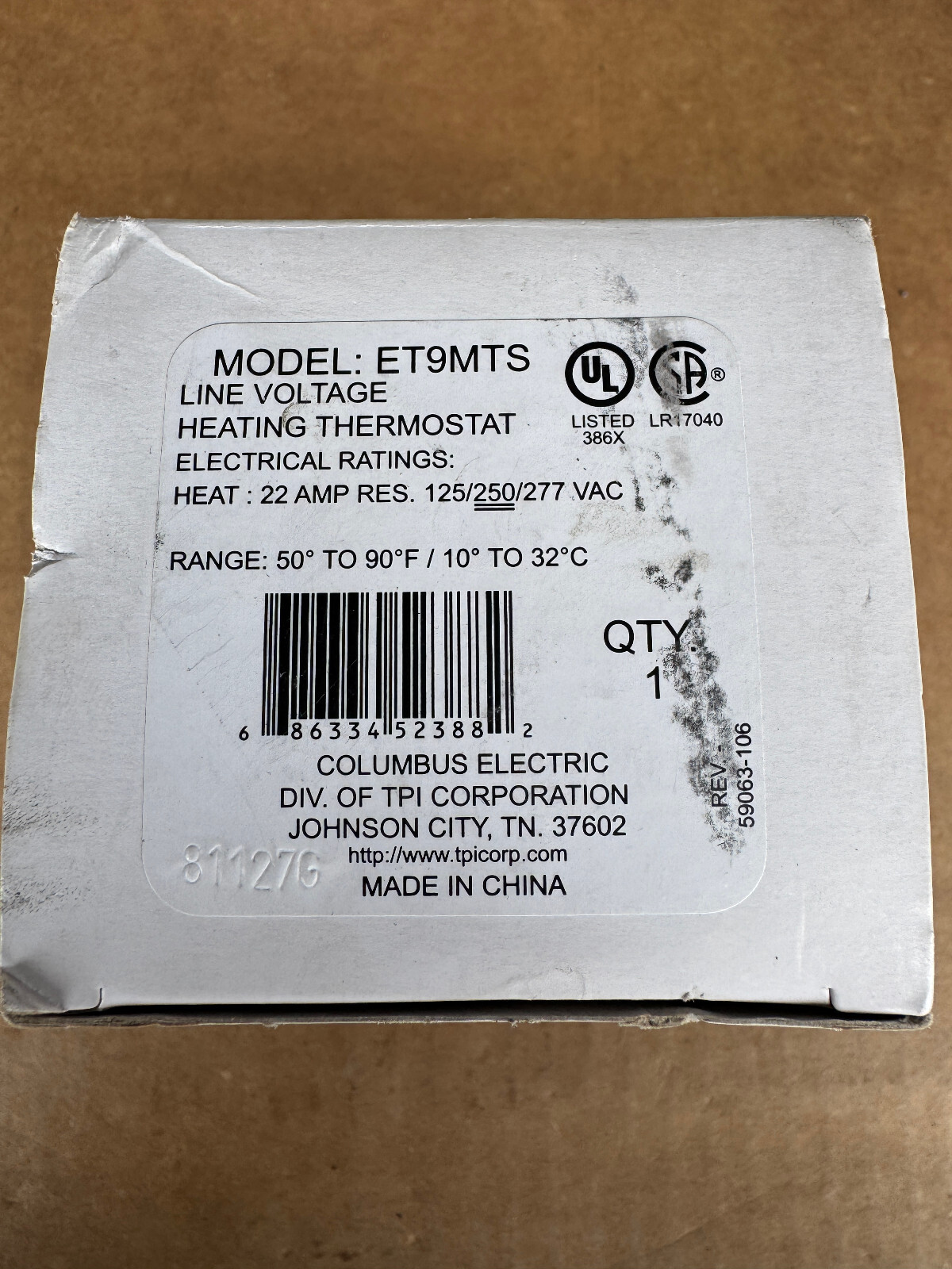 Columbus Electric ET9MTS Line Voltage Heating Thermostat 125/250/277V New in Box