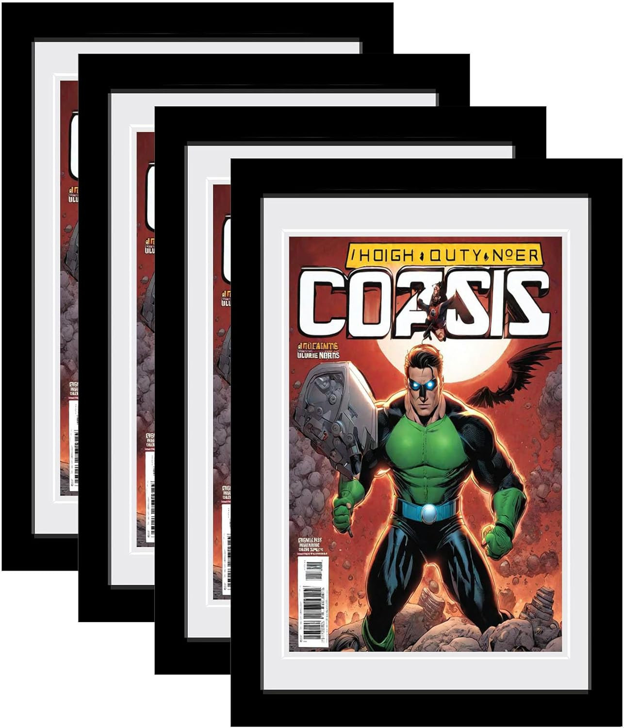 Comic Book Frame with Double White Mat, 4 Packs, UV Protection, Black Frame for