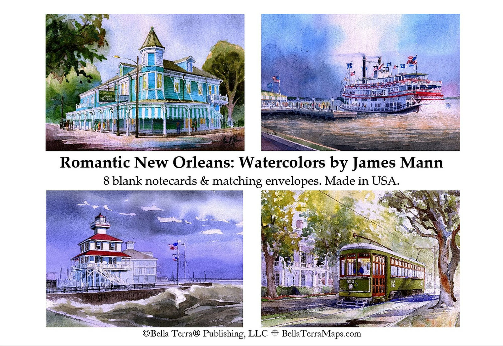 Romantic New Orleans Notecard Set. James Mann Watercolors of 4 "Big Easy" Views