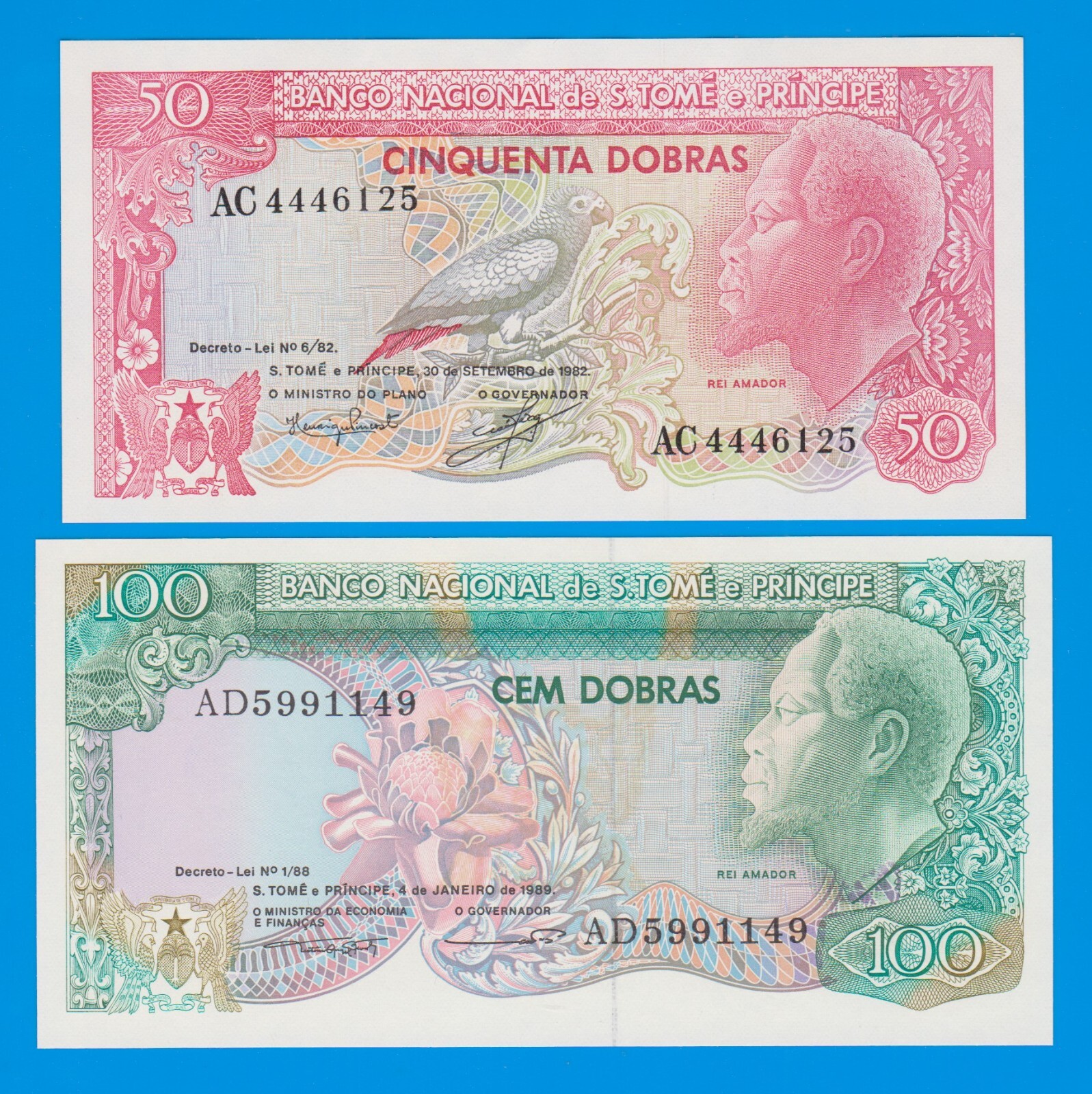 2 Notes ! Saint THOMAS & PRINCE 50 + 100 Dobras P 56+60, 1982+1989 UNC St. Tome