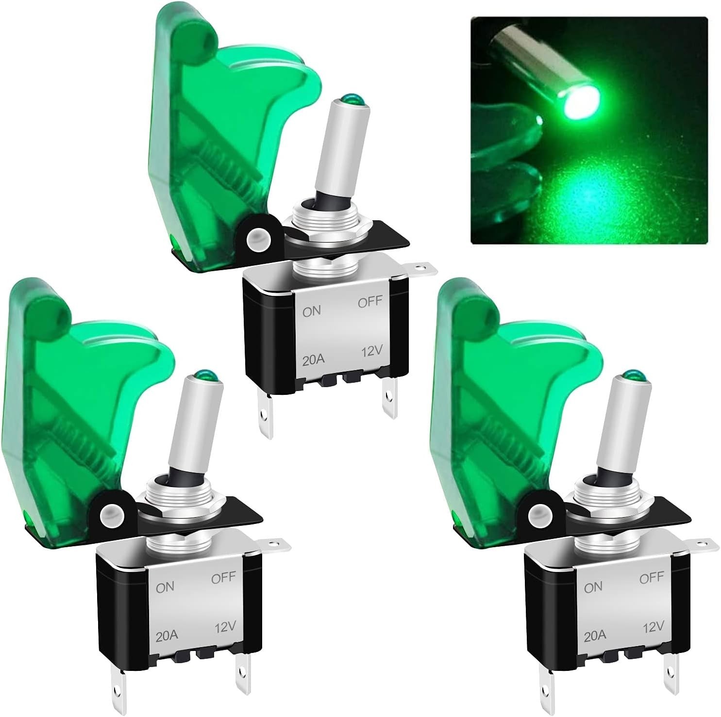 3Pcs Green LED Illuminated Rocker Toggle Switch 12V 20Amp - Heavy Duty Racing