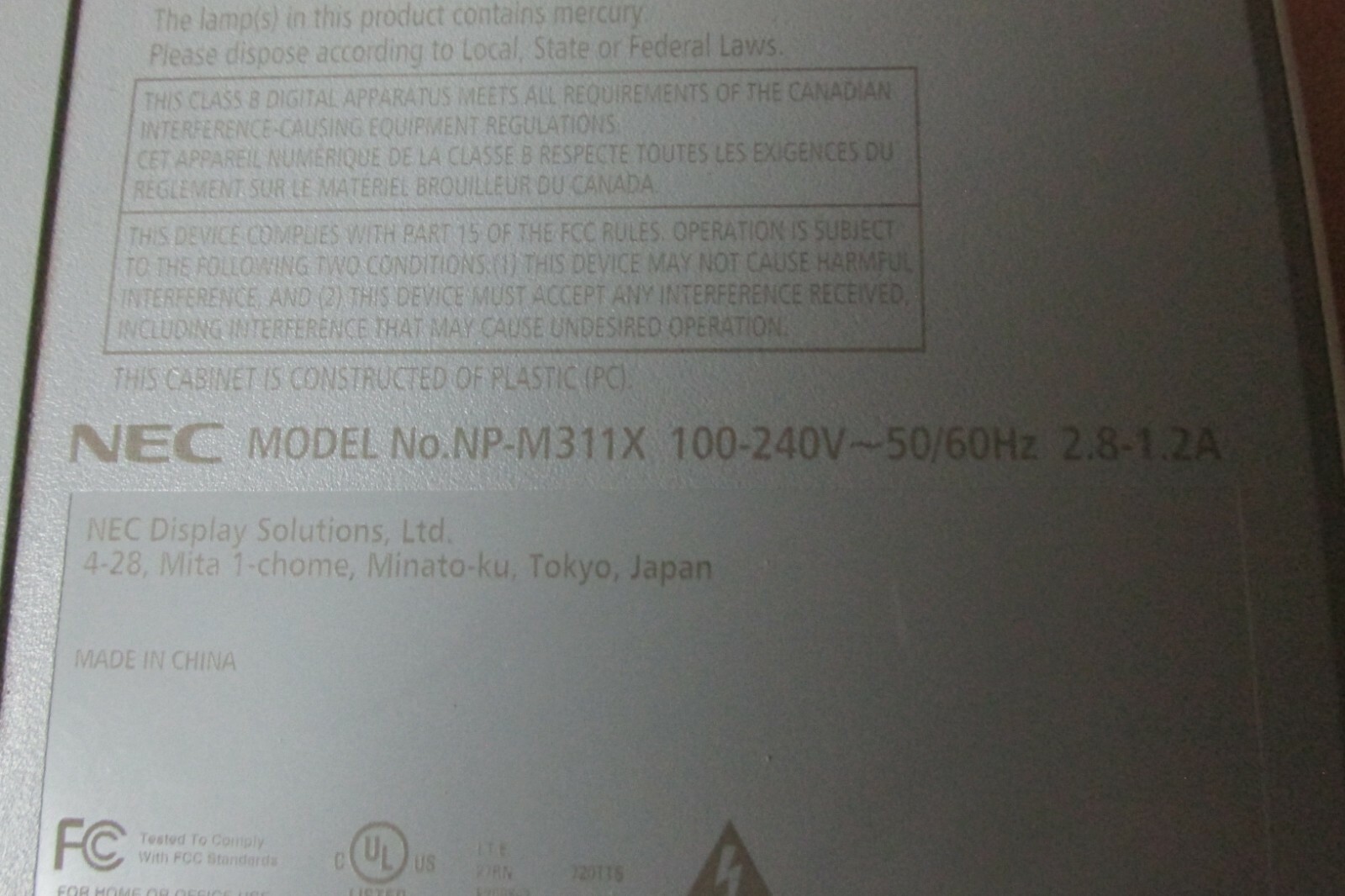 NEC NP-M311X LCD Projector 3100 Lumens HDMI XGA - 1911 Used Lamp Hours
