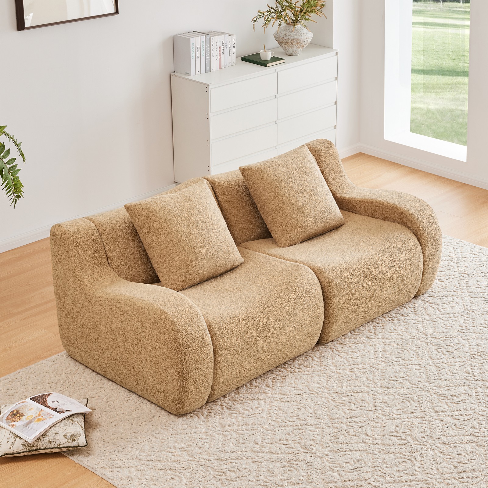 Modular Sectional Sofa Soft Teddy Fabric 2-Seater Boneless Couch for Living Room