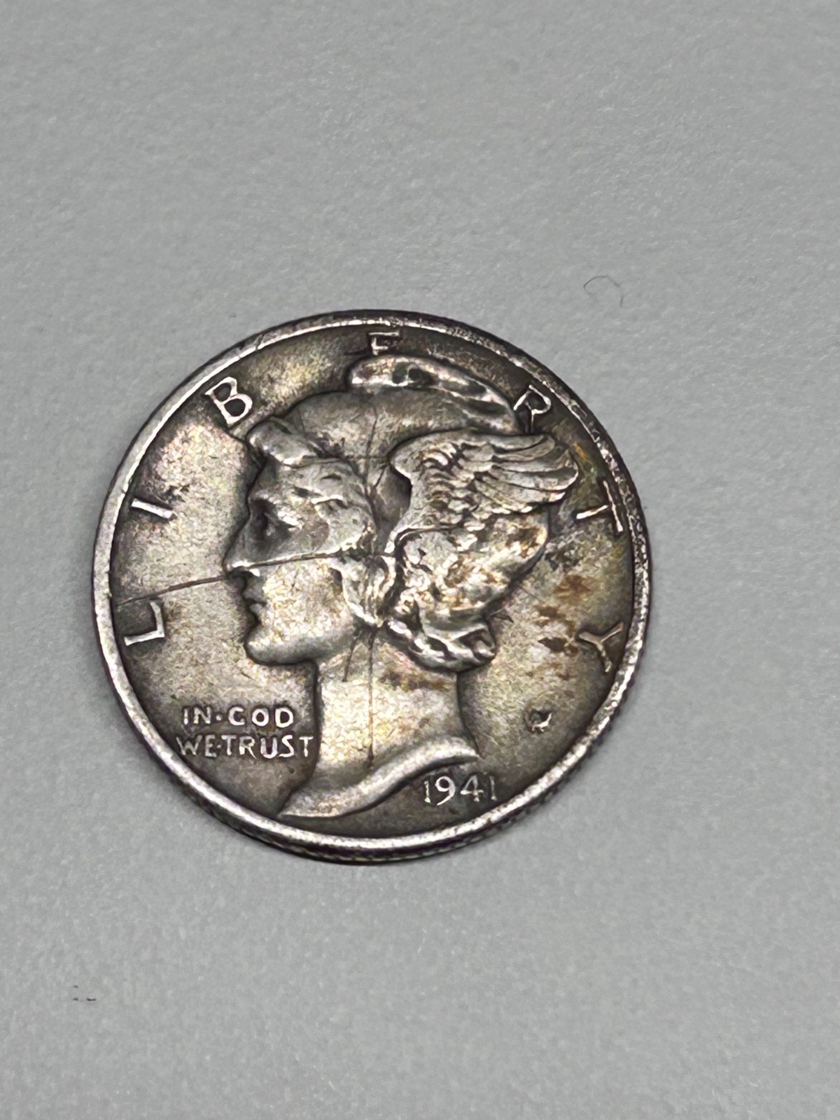 1941 D Mercury Dime Intersecting Lamination Die Crack Mint Error Silver 10C Coin