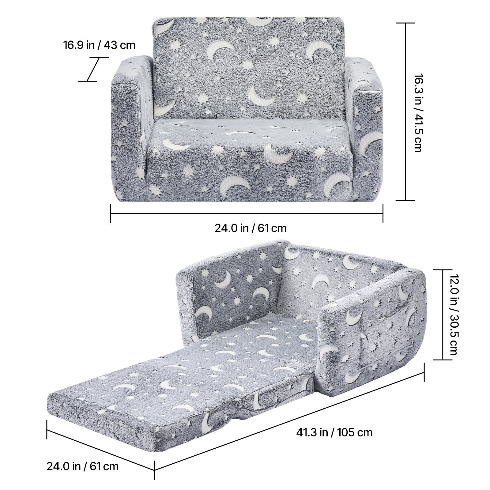 2-In-1 Foldable Kids Chair Armrests Glow-In-The-Dark Convertible Chair-Lounger