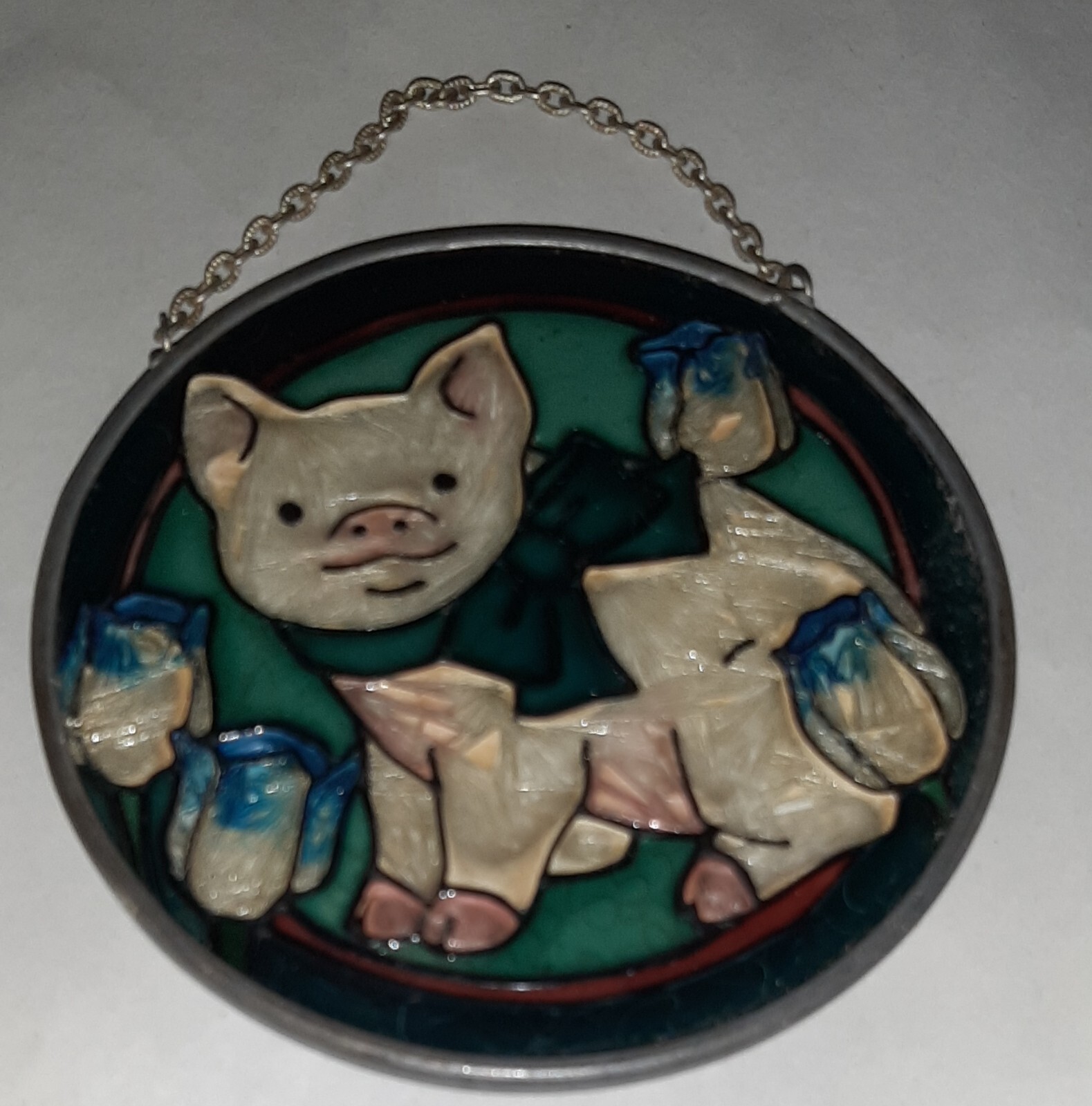 Pig Suncatcher Hand Painted Blue Tulips 3.5" Diameter