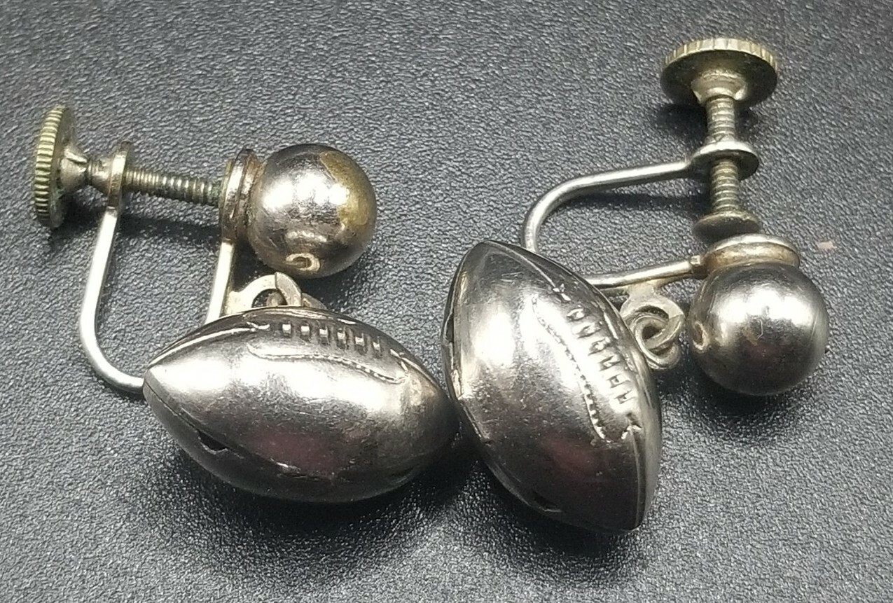 Vintage Screwback Football Earrings Silvertone