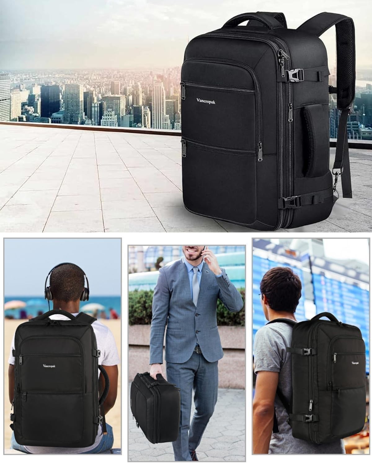 Vancropak 40L Travel Backpack Carry-On Expandable Weekender Bag Flight Approved