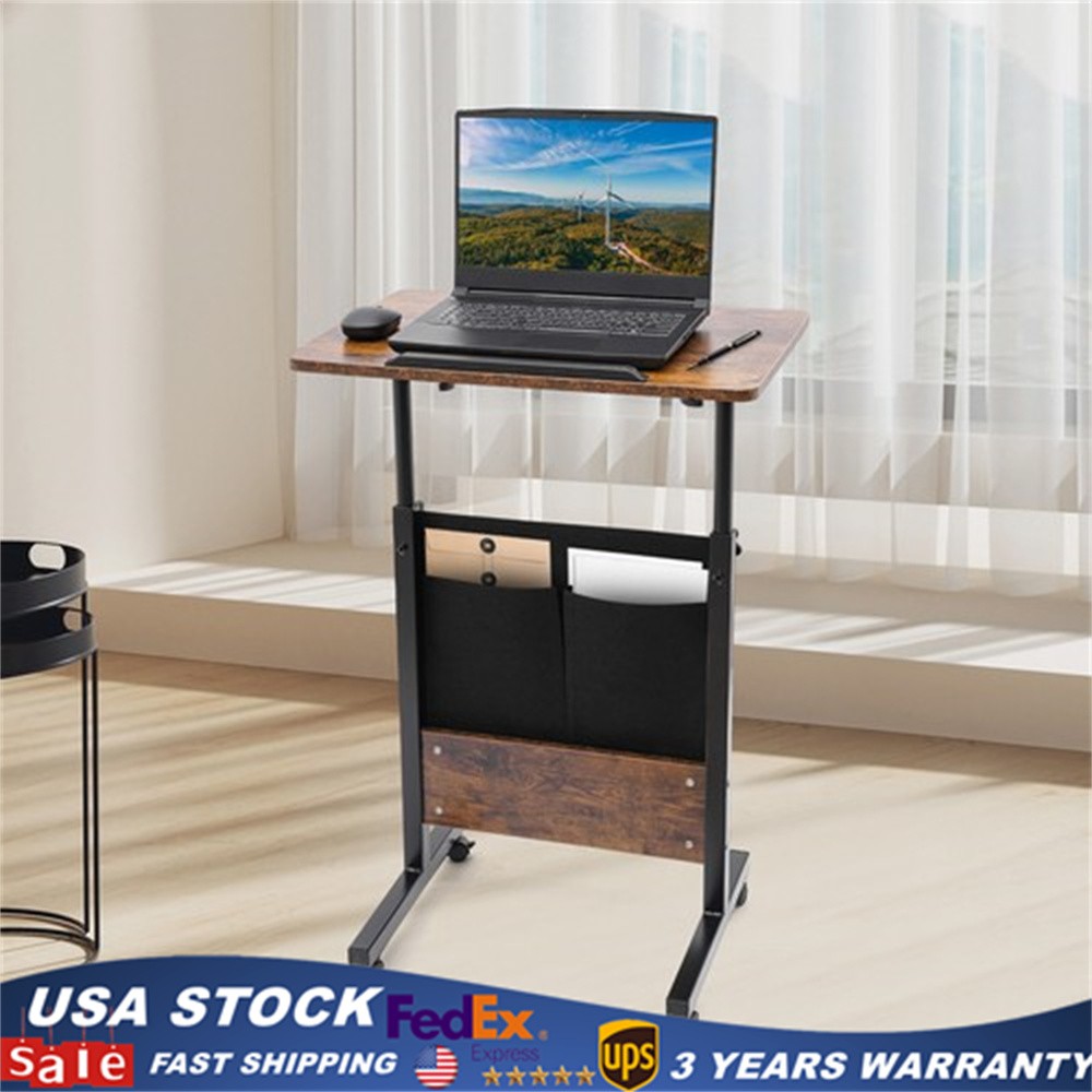 Rolling Laptop Desk Adjustable Height Computer Table Stand up Office w/ Storage