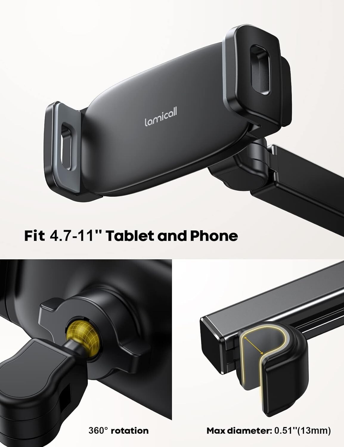 Car Headrest Tablet Holder 3 in 1 Extension Arm  for 4.7-11" Tablet Like iPad Pr