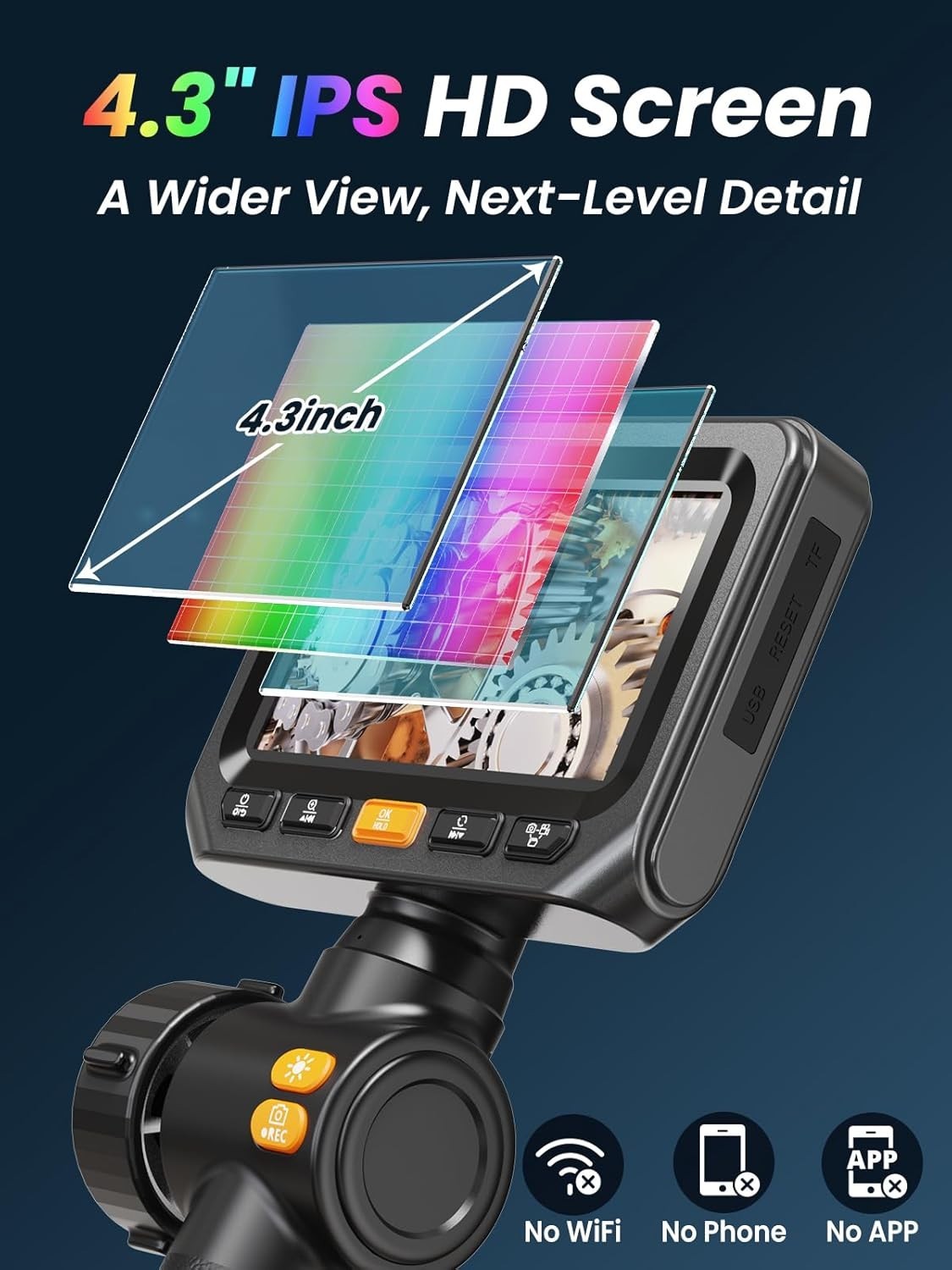 Dual-Lens 1080P Endoscope Camera with 4.3" IPS Screen & 5FT Waterproof Cable