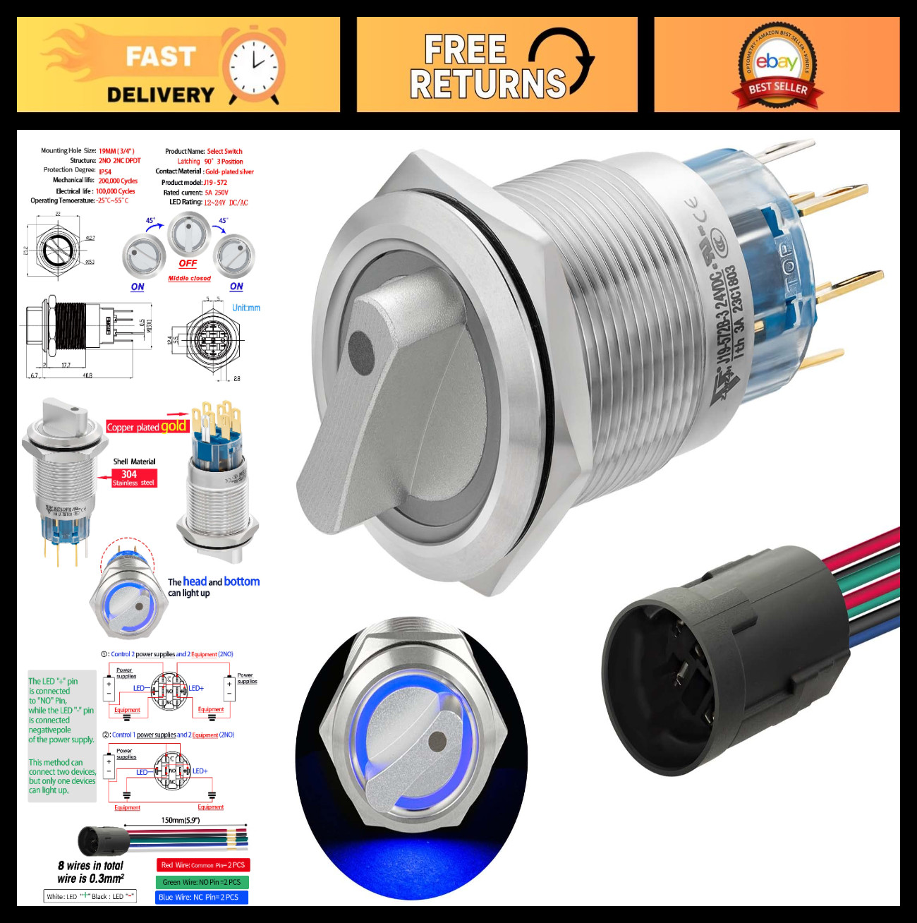 3-Position Rotary Switch 19mm 12V-24V DC/AC, Latching On/Off/On, 5A, 8-Pin, Blue