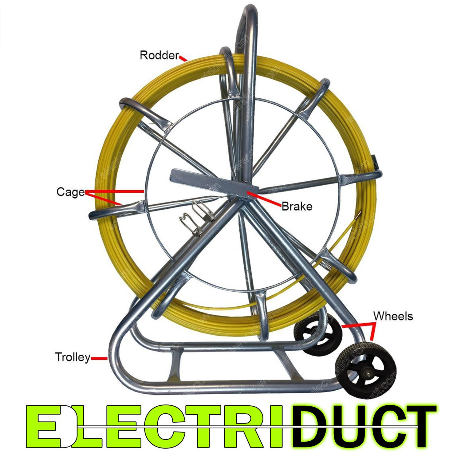 1000FT x 1/2" Dia Cable Rodder Duct Coated Fiberglass w/ Cage and Wheel Stand