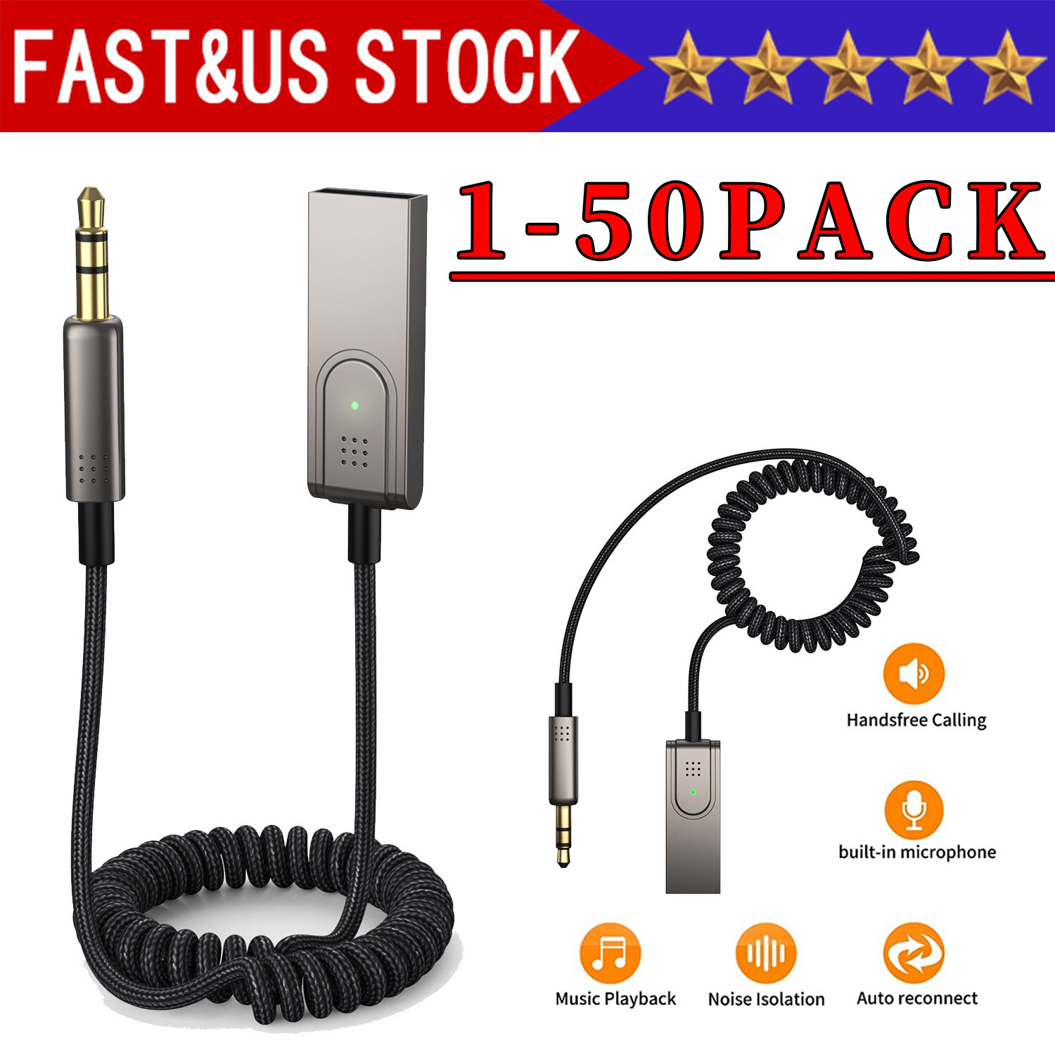 USA Aux to Bluetooth 5.1 Adapter 3.5mm Bluetooth Receiver Microphone for Car Lot