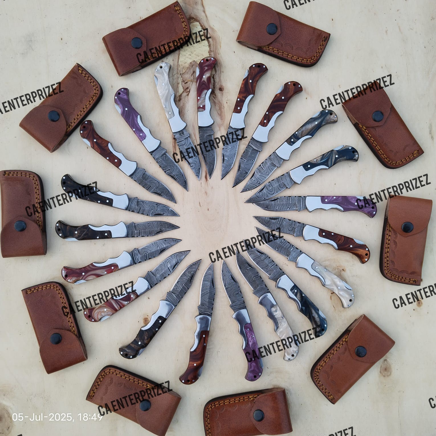 Wholesale Lot of 20 Damascus Steel Folding Knives–Assorted Resin Handles/Sheath.