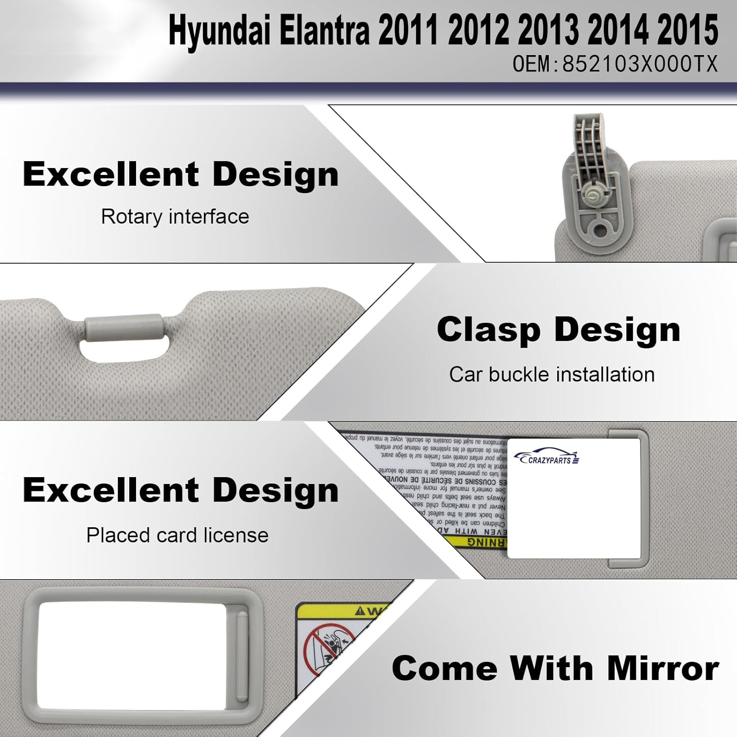 Sun Visor Makeup Mirror Left Grey Driver side Side For Hyundai Elantra MD 11-16