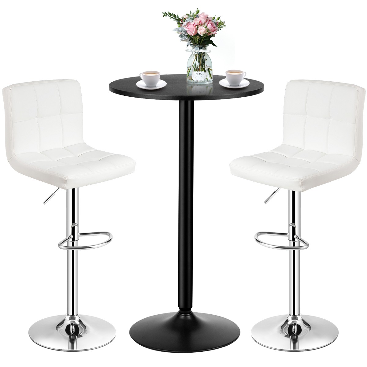 Costway 3PCS Pub Table Set 24" Round Bar Table & 2 Adjustable Bar Stools White