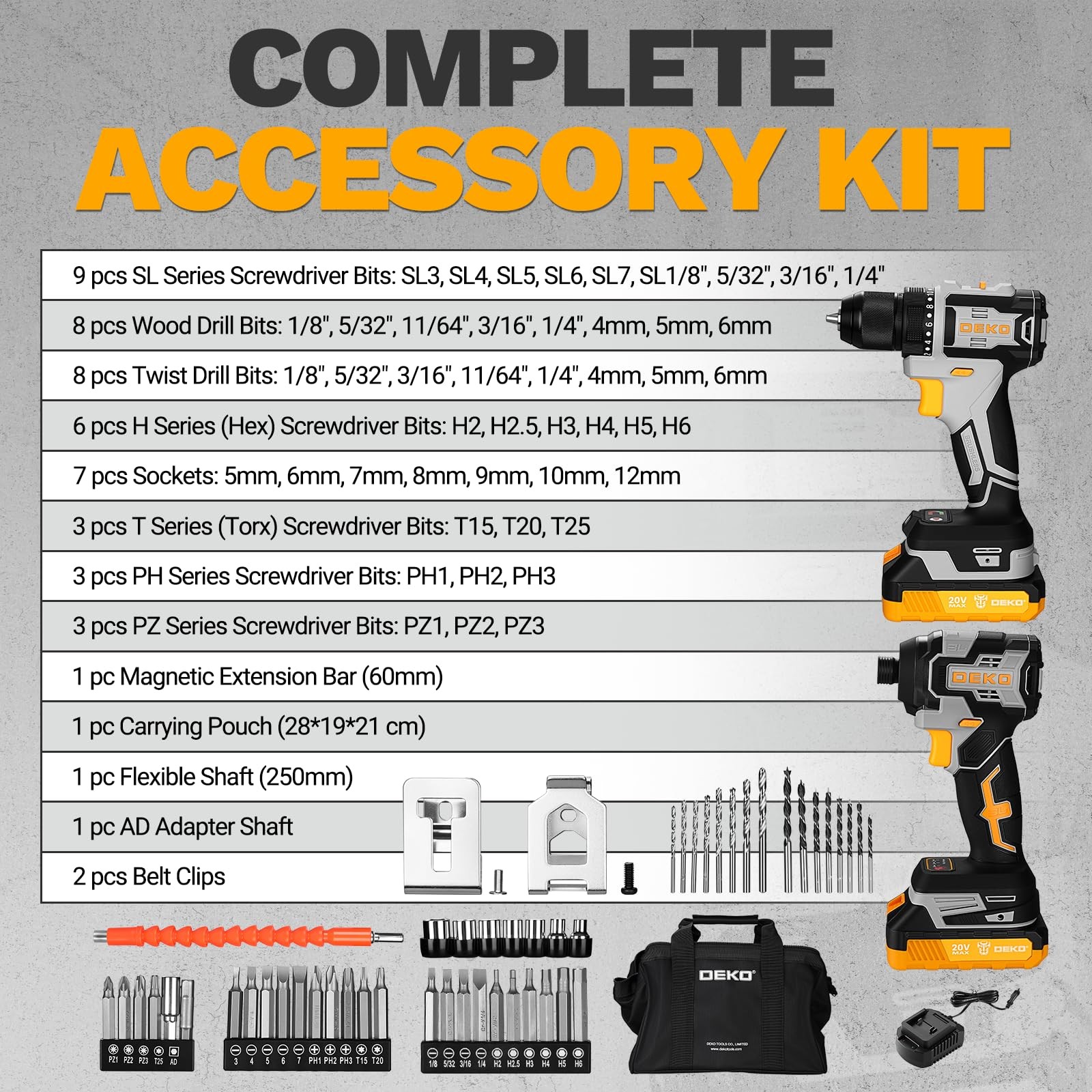 Cordless Drill Impact Driver Set Brushless 20V 2 Batteries Power Tool Kit Yellow