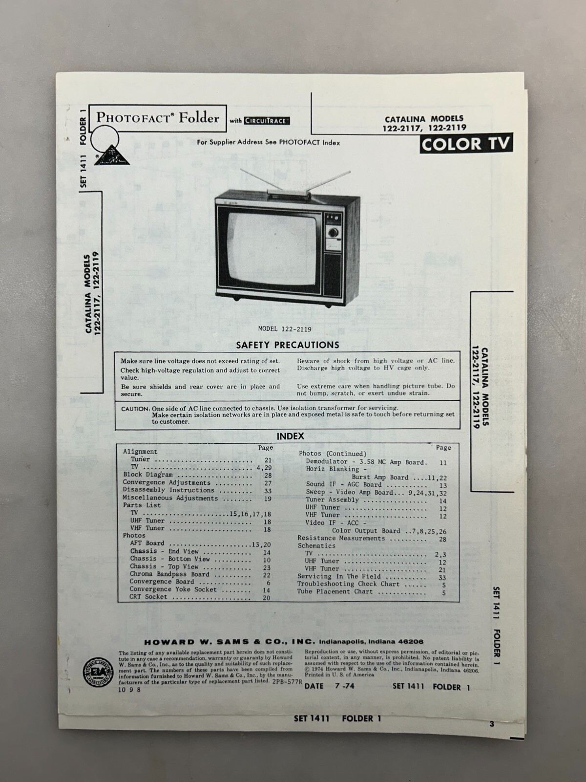 Catalina 122-2117 2119 Service Manual Sams Photofact Free Shipping