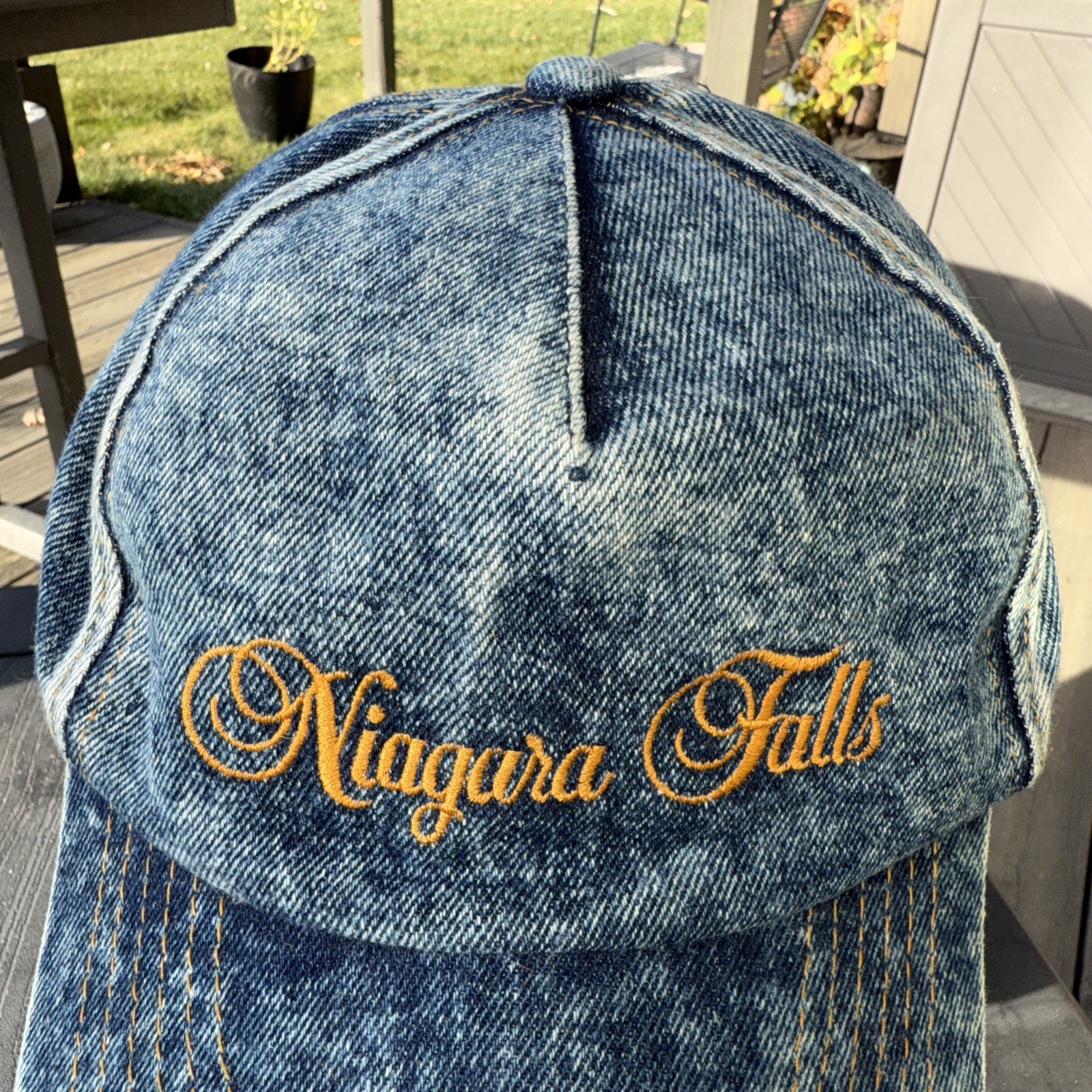 Niagara Falls in gold Script on Washed Denim 5 panel Hat Cap w Bill SnapBack