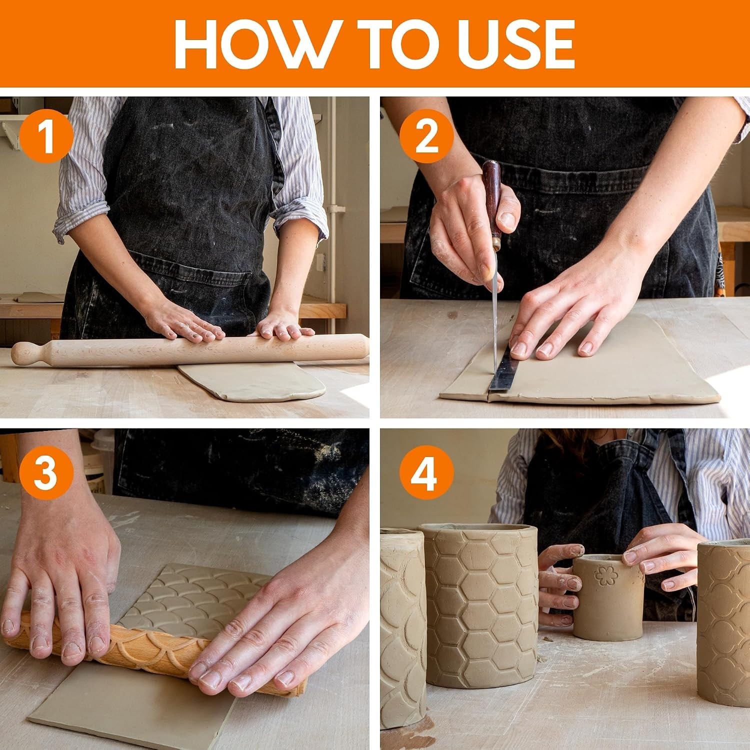 Extra Large Clay Texture Rollers with Pottery Stamps | 3 Texture Rollers | 6 ...
