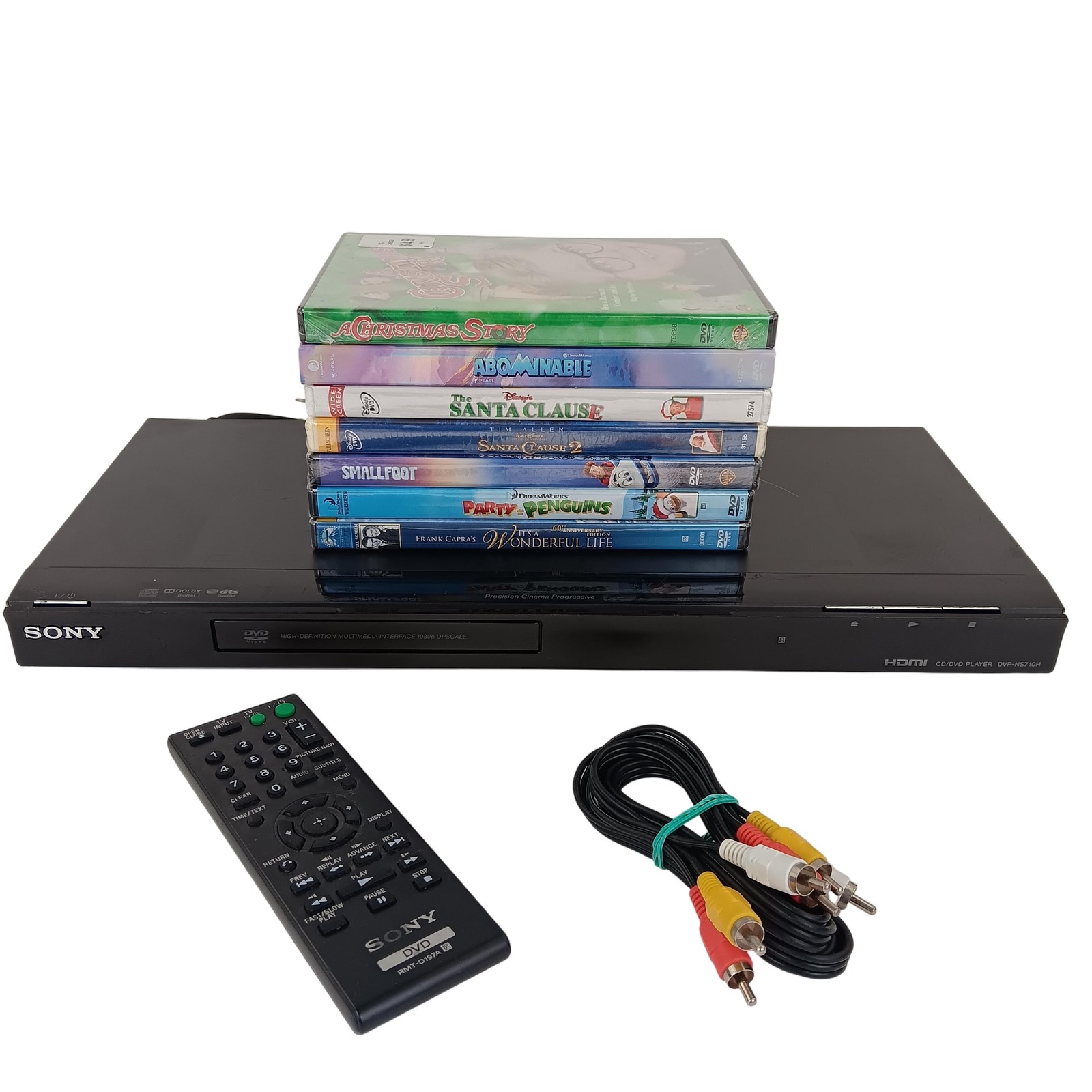 Chrismas movies bundle with player. Sony DVP-NS710H DVD player. Remote. RCA cbls