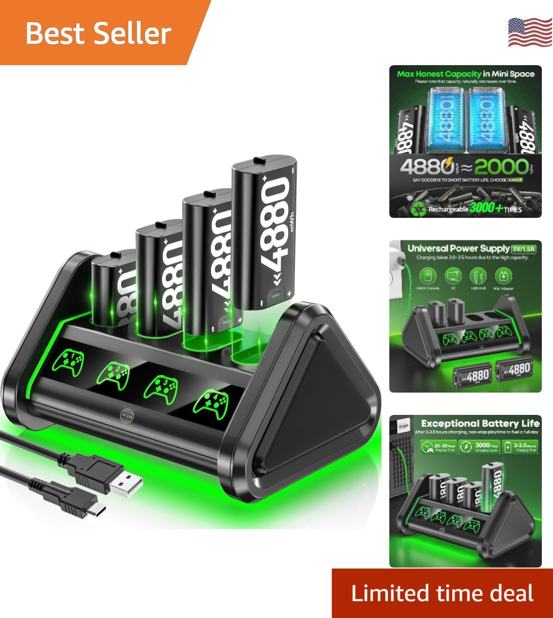 4 x 4880mWh Rechargeable Batteries & Charger for Xbox Series X|S – Eco-Friend...
