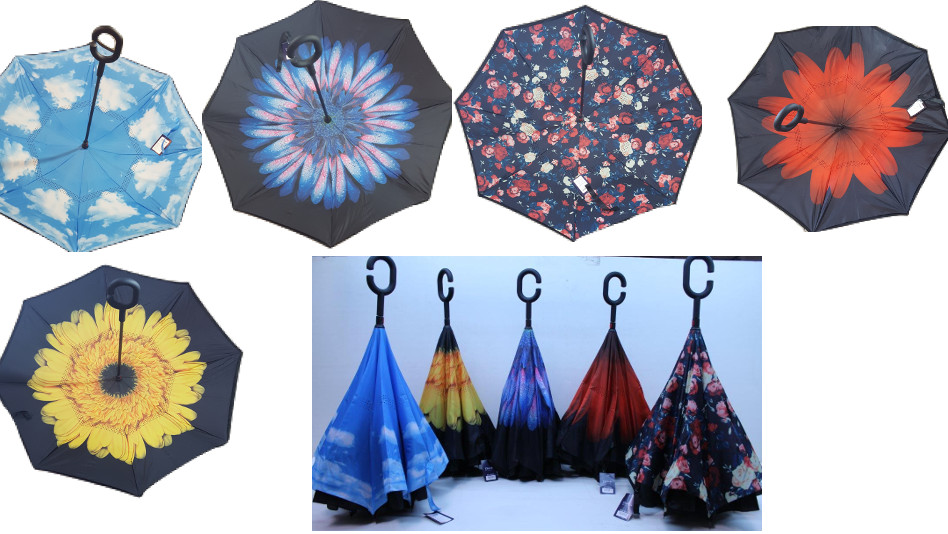 Inverted Upside Down Umbrella Rain C Handle Reverse Opening 2 Layer Inside Out