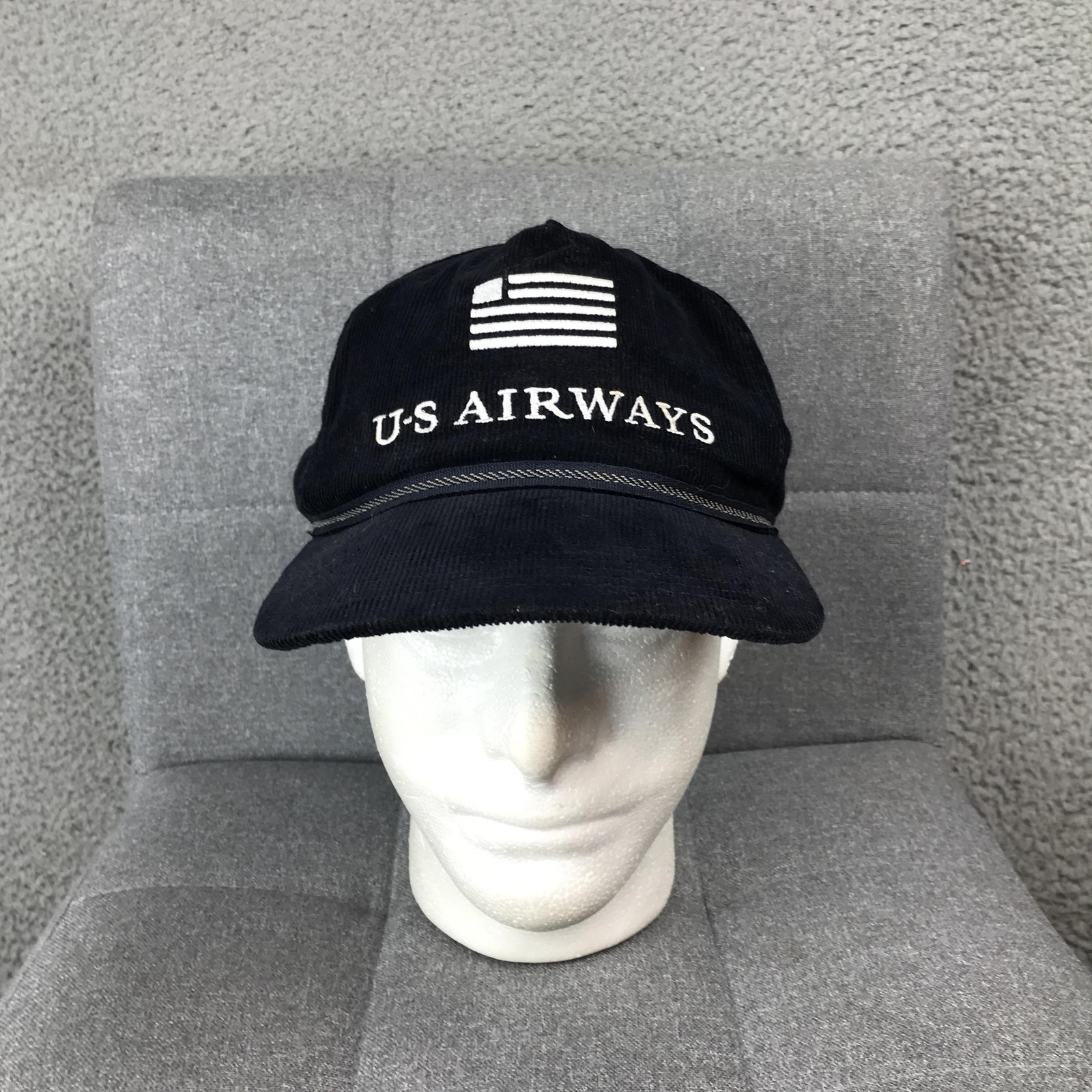 Vintage US Airways Corduroy Snapback Hat Navy Blue Legend Lion USA Made Cap