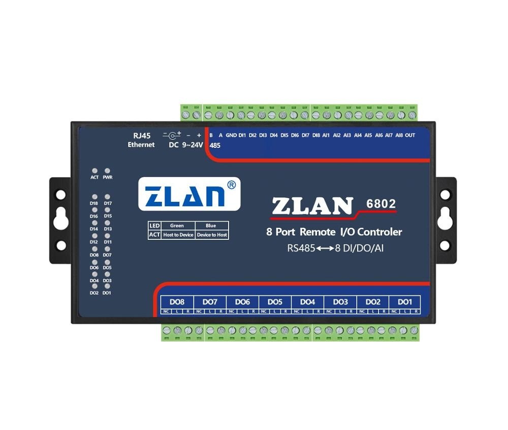 ZLAN6802 12/24V RS485 8 Channel DI/AI/DO Modbus I/O Module RTU P2P Dry Contact