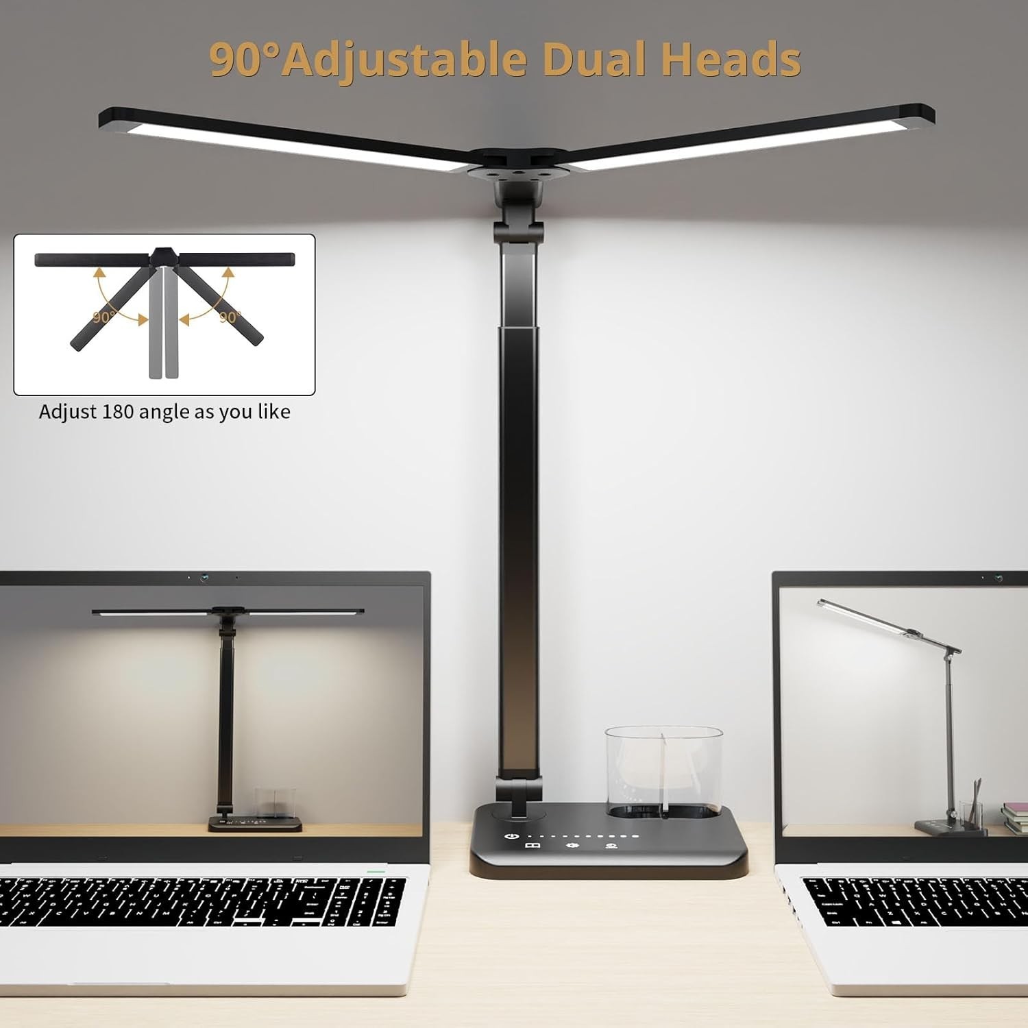 LED Desk Lamp with Dual Heads, Height Adjustable for Reading, Work, Study