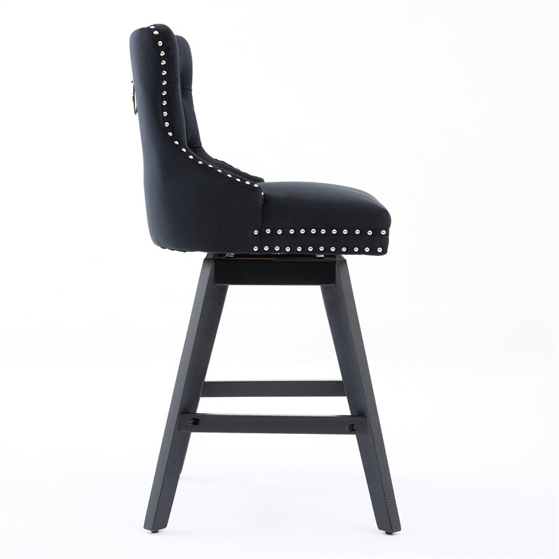 Set of 2 Swivel Velvet Barstools w/Button Tufted Decoration & Wooden Legs Black
