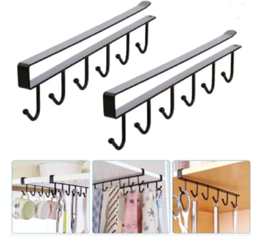 2PC Under Shelf Mug Holder Rack Kitchen Cabinet Coffee Cup Storage Hooks Hanger