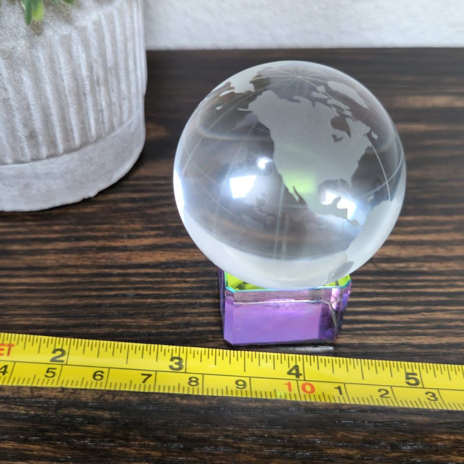 Crystal World Etched Globe Desk Decor with Iridescent Base Paperweight