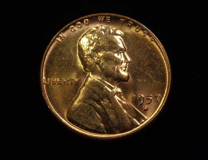1957 D BIE Die Break Lincoln Cent CH/GEM BU